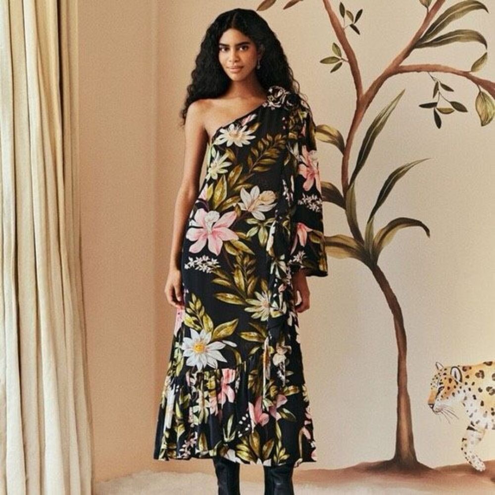 FARM Rio by Anthropologie One Shoulder Floral Ruffle Hem Dress
